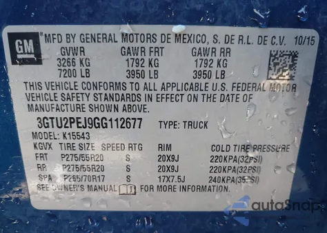 2016 GMC Sierra 1500 Denali z USA, uszkodzony, nr VIN 3GTU2PEJ9GG112677